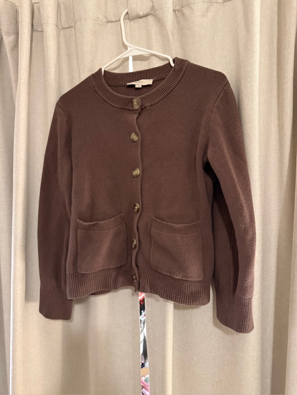 Women Loft Brown Knit Button-Front Cotton Cardigan Jacket M